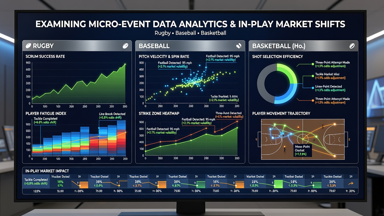 Live data visualization dashboards displaying rugby scrum metrics, baseball pitch tracking, and hockey shot quality during ongoing competitions