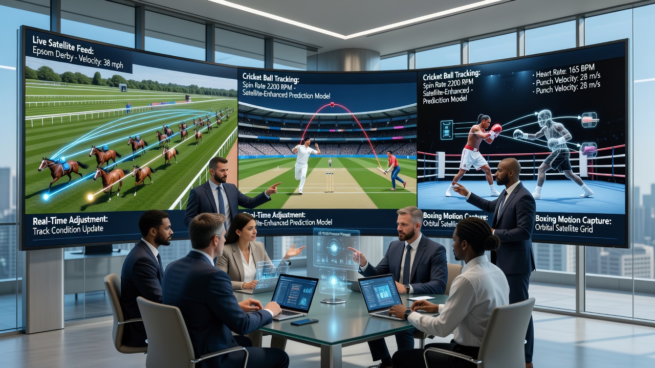 Cricket match with overlaid satellite tracking data showing player positions and ball trajectory